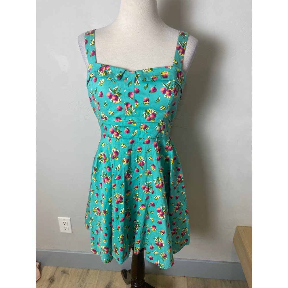 Vintage IXIA Teal Fruit Floral Fit Flare Dress 90s Y2K Sweetheart Tie Back USA